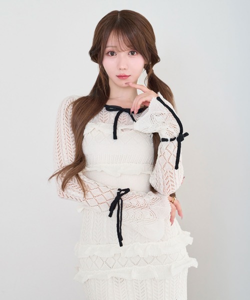 Rose Muse（ロゼミューズ）の「Crochet knit mini o/p（ワンピース・レディース・ピンク/ホワイト・FREE）」の3枚目の写真
