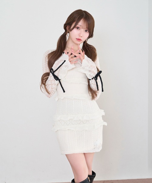 Rose Muse（ロゼミューズ）の「Crochet knit mini o/p（ワンピース・レディース・ピンク/ホワイト・FREE）」の4枚目の写真