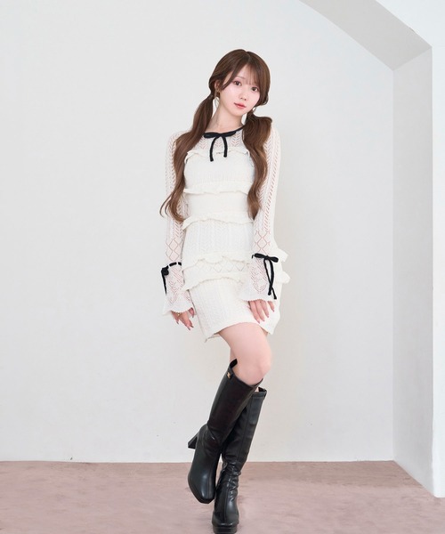 Rose Muse（ロゼミューズ）の「Crochet knit mini o/p（ワンピース・レディース・ピンク/ホワイト・FREE）」の5枚目の写真