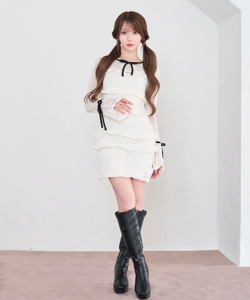 Rose Muse（ロゼミューズ）の「Crochet knit mini o/p（ワンピース・レディース・ピンク/ホワイト・FREE）」の6枚目の写真