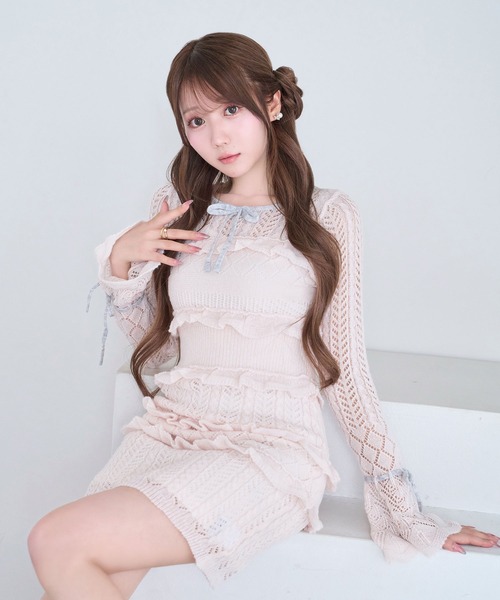 Rose Muse（ロゼミューズ）の「Crochet knit mini o/p（ワンピース・レディース・ピンク/ホワイト・FREE）」の9枚目の写真