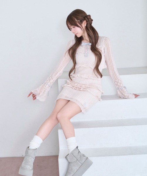 Rose Muse（ロゼミューズ）の「Crochet knit mini o/p（ワンピース・レディース・ピンク/ホワイト・FREE）」の11枚目の写真