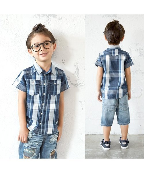 BREEZE（ブリーズ）の「インディゴチェックシャツ（シャツ/ブラウス・キッズ・サックスブルー/ネイビー・140/110/130/90/80/100/120）」の3枚目の写真
