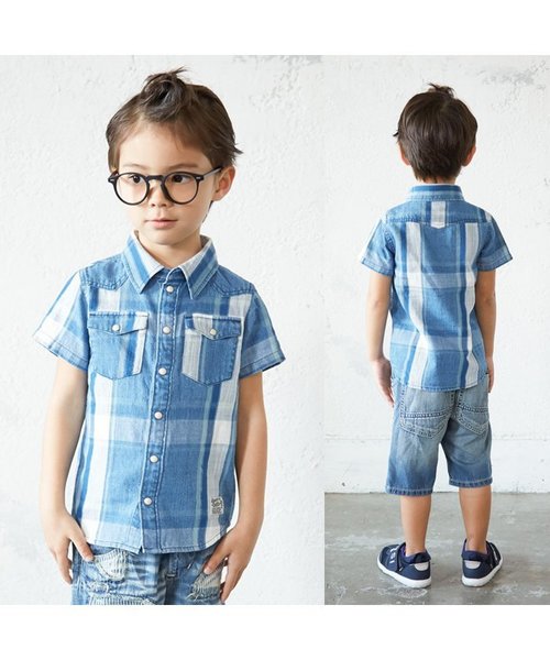 BREEZE（ブリーズ）の「インディゴチェックシャツ（シャツ/ブラウス・キッズ・サックスブルー/ネイビー・140/110/130/90/80/100/120）」の4枚目の写真