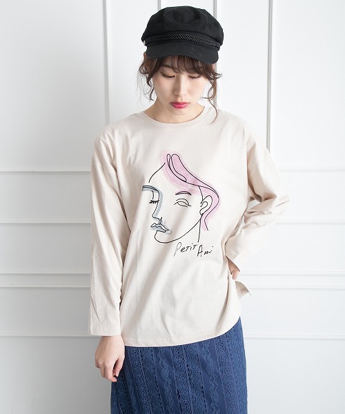 Libby&Rose(リビーアンドローズ)の「アートGIRL ロングTシャツ(Tシャツ/カットソー・レディース・オフホワイト/ブラック/ベージュ・FREE)」の3枚目の写真