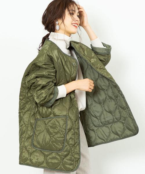 coen(コーエン)の「キルティングビッグジャケット(コート/アウター/中綿)(ノーカラージャケット・レディース・ベージュ/ブラック/カーキ・FREE)」の3枚目の写真