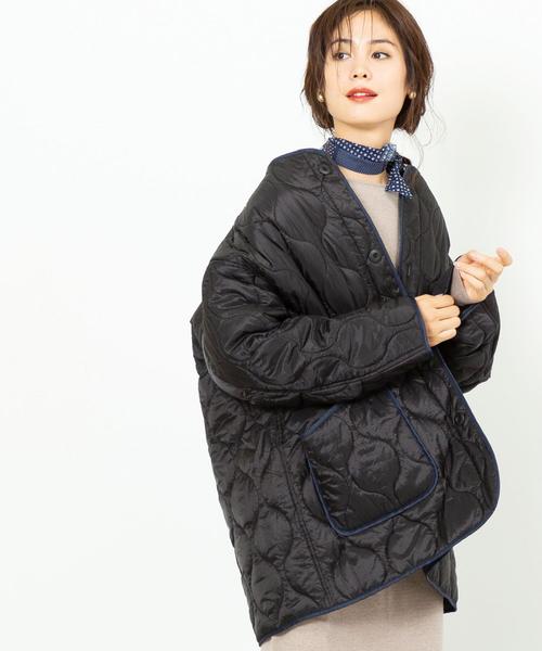 coen(コーエン)の「キルティングビッグジャケット(コート/アウター/中綿)(ノーカラージャケット・レディース・ベージュ/ブラック/カーキ・FREE)」の2枚目の写真