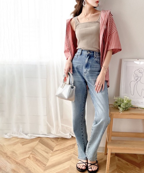 セール】ランダムリブ スクエア無地2wayタンクトップ（袖なし