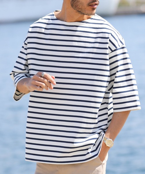 jiggys shop（ジギーズショップ）の「米綿天竺 ルーズシルエット 半袖 ボートネック バスクTシャツ（Tシャツ/カットソー・メンズ・ホワイト×ネイビー/カーキ/ブラック/ホワイト・LARGE/MEDIUM）」の3枚目の写真