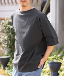 jiggys shop | 米綿天竺 ルーズシルエット 半袖 ボートネック バスクTシャツ(Tシャツ/カットソー)