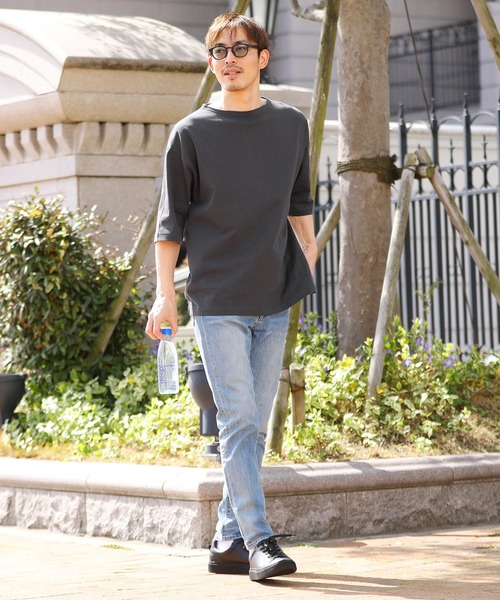 jiggys shop（ジギーズショップ）の「米綿天竺 ルーズシルエット 半袖 ボートネック バスクTシャツ（Tシャツ/カットソー・メンズ・ホワイト×ネイビー/カーキ/ブラック/ホワイト・LARGE/MEDIUM）」の9枚目の写真