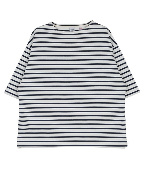 jiggys shop（ジギーズショップ）の「米綿天竺 ルーズシルエット 半袖 ボートネック バスクTシャツ（Tシャツ/カットソー・メンズ・ホワイト×ネイビー/カーキ/ブラック/ホワイト・LARGE/MEDIUM）」の6枚目の写真