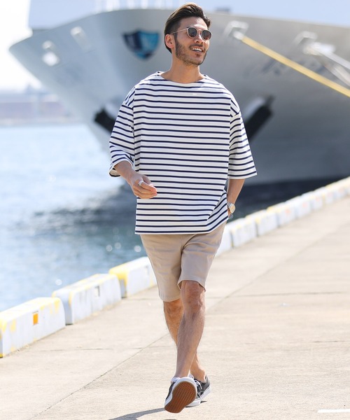 jiggys shop（ジギーズショップ）の「米綿天竺 ルーズシルエット 半袖 ボートネック バスクTシャツ（Tシャツ/カットソー・メンズ・ホワイト×ネイビー/カーキ/ブラック/ホワイト・LARGE/MEDIUM）」の11枚目の写真