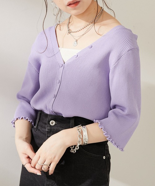 Chico（チコ）の「【新色追加】ショート丈2wayリブメロウカーディガン（カーディガン/ボレロ・レディース・ホワイト/ブラック/パープル/ピンク/ピンク系その他/チャコールグレー・FREE）」の4枚目の写真