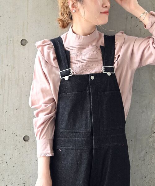 シップスエニィ✨　黒❤️　コットンピーチ ヨーク ラッフル フリル ブラウス◇ シップスエニィ✨黒❤️コットンピーチ ヨーク ラッフル フリル