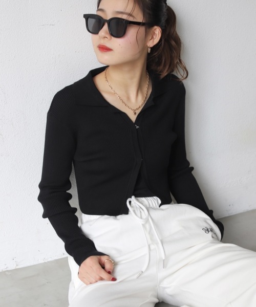 SHAGGIE(シャギー)の「フロントスナップ襟付きリブトップス(Tシャツ/カットソー・レディース・ホワイト/ブラック/ネイビー/カーキ・FREE)」の12枚目の写真