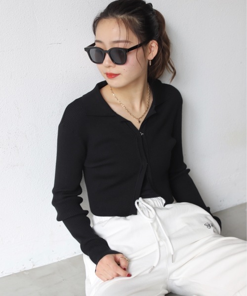 SHAGGIE(シャギー)の「フロントスナップ襟付きリブトップス(Tシャツ/カットソー・レディース・ホワイト/ブラック/ネイビー/カーキ・FREE)」の13枚目の写真