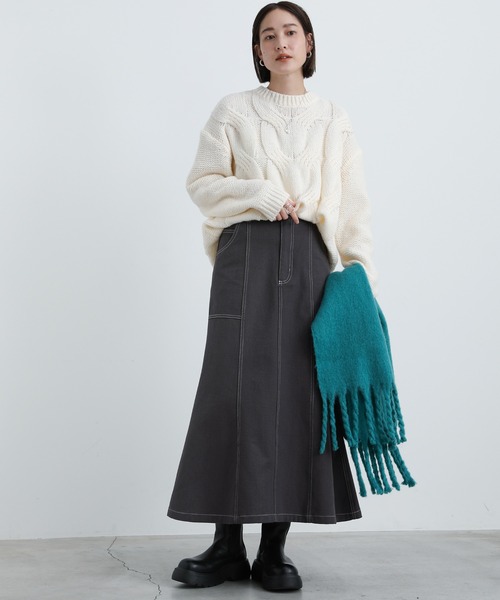 select MOCA（セレクトモカ）の「ステッチデザインフレアスカート（スカート・レディース・アイボリー/マスタード/チャコール・FREE）」の4枚目の写真