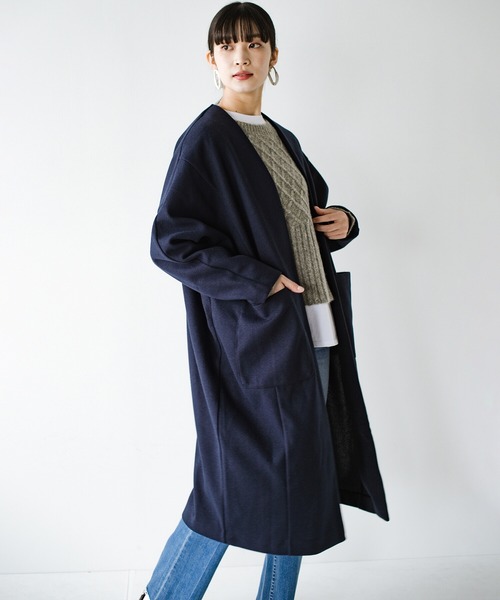 haco!（ハコ）の「パッと羽織るだけできちんと見えと今っぽオシャレを叶えてくれる！便利なオーバーサイズカットソーコート（ノーカラーコート・レディース・ネイビー/ライトカーキ・1/2）」の14枚目の写真