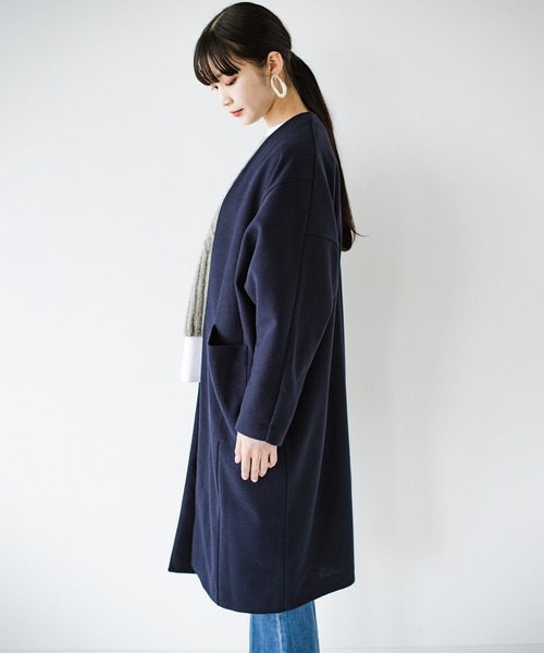haco!（ハコ）の「パッと羽織るだけできちんと見えと今っぽオシャレを叶えてくれる！便利なオーバーサイズカットソーコート（ノーカラーコート・レディース・ネイビー/ライトカーキ・1/2）」の8枚目の写真