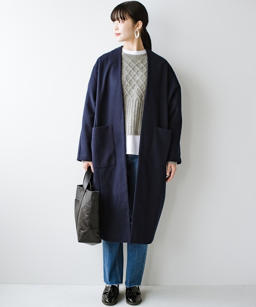 haco!（ハコ）の「パッと羽織るだけできちんと見えと今っぽオシャレを叶えてくれる！便利なオーバーサイズカットソーコート（ノーカラーコート・レディース・ネイビー/ライトカーキ・1/2）」の15枚目の写真