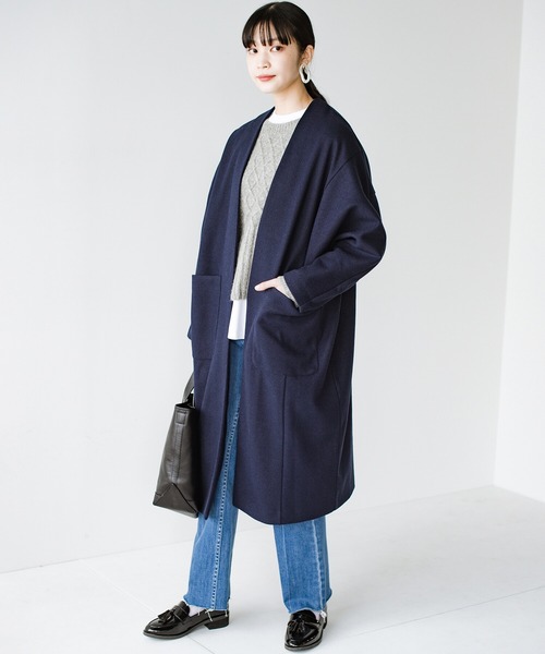 haco!（ハコ）の「パッと羽織るだけできちんと見えと今っぽオシャレを叶えてくれる！便利なオーバーサイズカットソーコート（ノーカラーコート・レディース・ネイビー/ライトカーキ・1/2）」の9枚目の写真