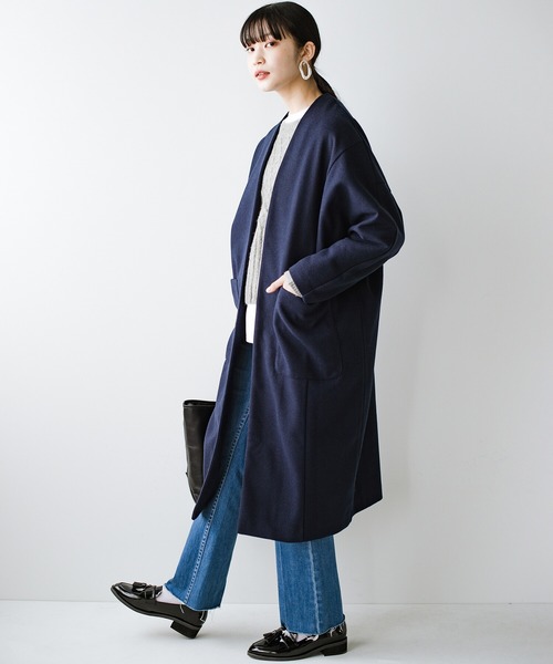 haco!（ハコ）の「パッと羽織るだけできちんと見えと今っぽオシャレを叶えてくれる！便利なオーバーサイズカットソーコート（ノーカラーコート・レディース・ネイビー/ライトカーキ・1/2）」の21枚目の写真