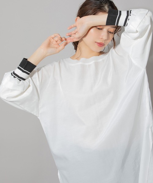 Munich(ミューニック)の「布帛×ニットリブパフスリーブリブトップス(シャツ/ブラウス・レディース・ホワイト/ブラック/ベージュ・FREE)」の2枚目の写真