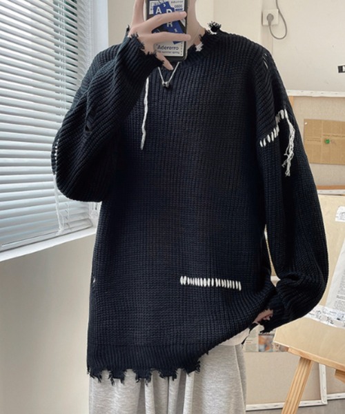 .KOM（ドットコム）の「A'GEM/9 × .kom『.kom/ドットケーオーエム』ルーズシルエット ダメージステッチデザインニットセーター（ニット/セーター・メンズ・ホワイト/ブラック・M/L/XL）」の10枚目の写真