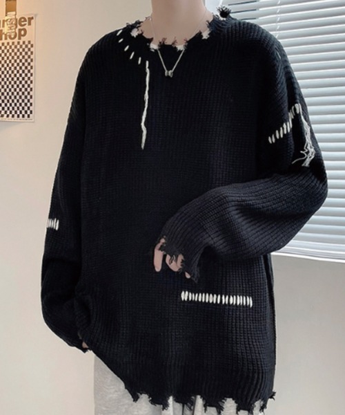 .KOM（ドットコム）の「A'GEM/9 × .kom『.kom/ドットケーオーエム』ルーズシルエット ダメージステッチデザインニットセーター（ニット/セーター・メンズ・ホワイト/ブラック・M/L/XL）」の9枚目の写真