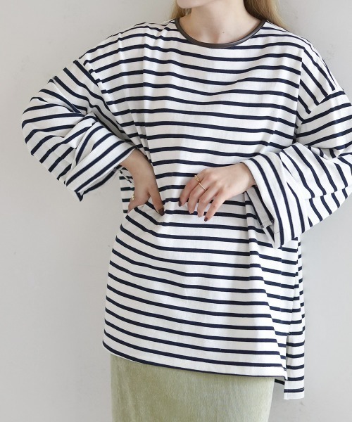 Bab（バブ）の「ビックシルエットボーダー袖ボリュームトップス（Tシャツ/カットソー・レディース・ブルー/ライトグリーン/ネイビー/ピンク/ブラウン・FREE）」の3枚目の写真