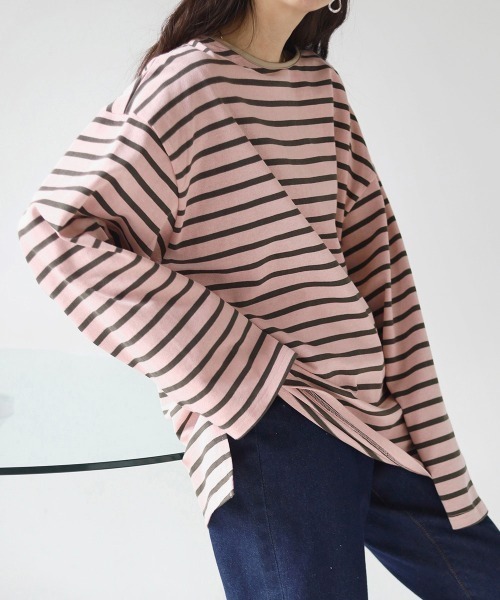 Bab（バブ）の「ビックシルエットボーダー袖ボリュームトップス（Tシャツ/カットソー・レディース・ブルー/ライトグリーン/ネイビー/ピンク/ブラウン・FREE）」の5枚目の写真