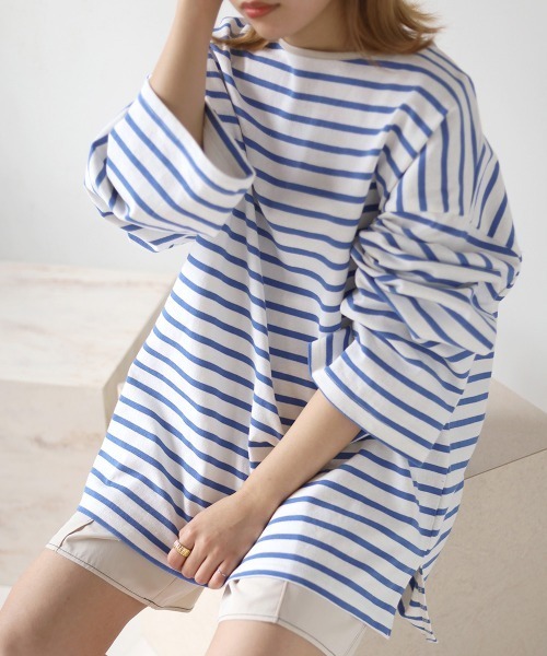 Bab（バブ）の「ビックシルエットボーダー袖ボリュームトップス（Tシャツ/カットソー・レディース・ブルー/ライトグリーン/ネイビー/ピンク/ブラウン・FREE）」の4枚目の写真