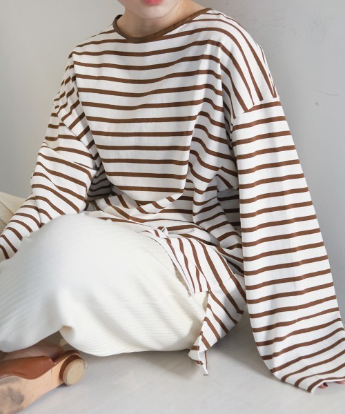 Bab（バブ）の「ビックシルエットボーダー袖ボリュームトップス（Tシャツ/カットソー・レディース・ブルー/ライトグリーン/ネイビー/ピンク/ブラウン・FREE）」の7枚目の写真