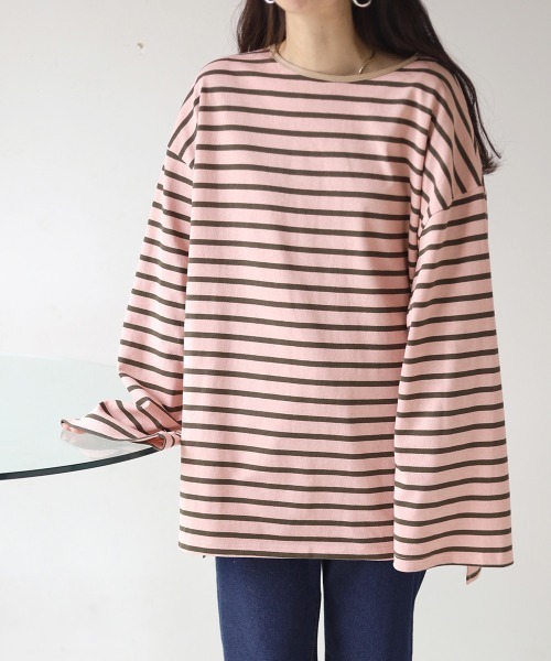 Bab（バブ）の「ビックシルエットボーダー袖ボリュームトップス（Tシャツ/カットソー・レディース・ブルー/ライトグリーン/ネイビー/ピンク/ブラウン・FREE）」の12枚目の写真