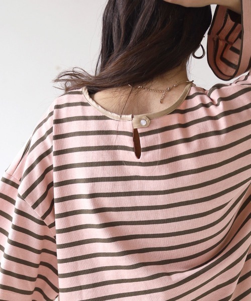 Bab（バブ）の「ビックシルエットボーダー袖ボリュームトップス（Tシャツ/カットソー・レディース・ブルー/ライトグリーン/ネイビー/ピンク/ブラウン・FREE）」の14枚目の写真