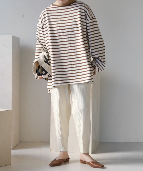 Bab（バブ）の「ビックシルエットボーダー袖ボリュームトップス（Tシャツ/カットソー・レディース・ブルー/ライトグリーン/ネイビー/ピンク/ブラウン・FREE）」の6枚目の写真