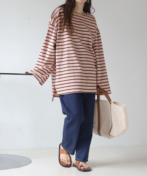 Bab（バブ）の「ビックシルエットボーダー袖ボリュームトップス（Tシャツ/カットソー・レディース・ブルー/ライトグリーン/ネイビー/ピンク/ブラウン・FREE）」の11枚目の写真