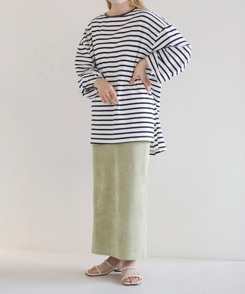 Bab（バブ）の「ビックシルエットボーダー袖ボリュームトップス（Tシャツ/カットソー・レディース・ブルー/ライトグリーン/ネイビー/ピンク/ブラウン・FREE）」の16枚目の写真