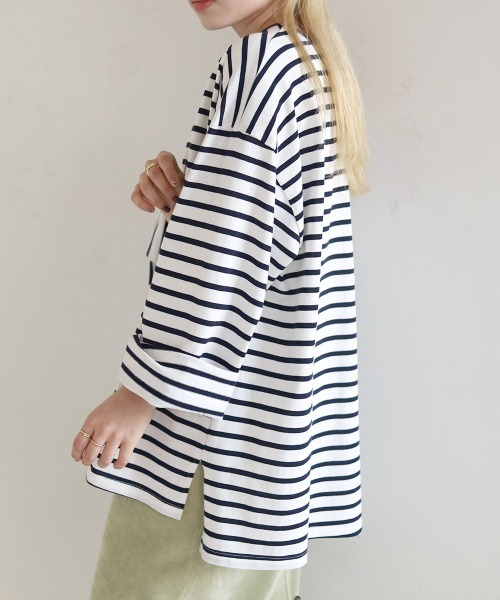 Bab（バブ）の「ビックシルエットボーダー袖ボリュームトップス（Tシャツ/カットソー・レディース・ブルー/ライトグリーン/ネイビー/ピンク/ブラウン・FREE）」の20枚目の写真