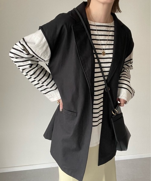 y/m by misato（イムバイミサト）の「リネンライクテーラードベスト（ベスト・レディース・ブラック/キャメル・FREE）」の2枚目の写真