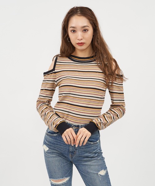 SPIRALGIRL(スパイラルガール)の「オープンショルダーマルチボーダーニット(ニット/セーター・レディース・ベージュ系/ブラック系/ブラウン系・FREE)」の19枚目の写真