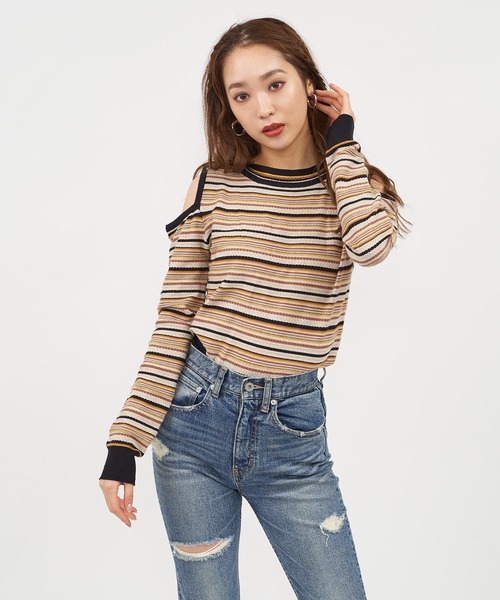 SPIRALGIRL(スパイラルガール)の「オープンショルダーマルチボーダーニット(ニット/セーター・レディース・ベージュ系/ブラック系/ブラウン系・FREE)」の20枚目の写真