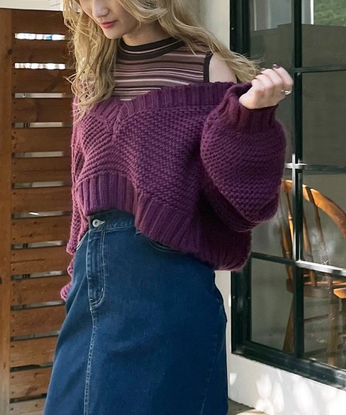 SPIRALGIRL(スパイラルガール)の「オープンショルダーマルチボーダーニット(ニット/セーター・レディース・ベージュ系/ブラック系/ブラウン系・FREE)」の10枚目の写真