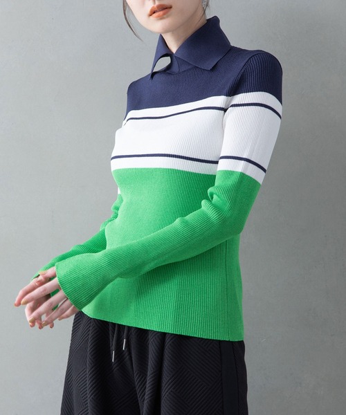 MARECHAL TERRE(マルシャルテル)の「カラーブロックポロニット(ニット/セーター・レディース・ネイビー/オレンジ/ブルー/オフホワイト・MEDIUM)」の13枚目の写真