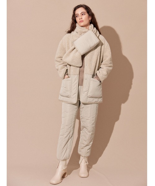 ALEXIA STAM(アリシアスタン)の「Collarless Padded Coat With Scarf /マフラー&ボアコート(ノーカラーコート・レディース・カーキ/ベージュ・FREE)」の12枚目の写真