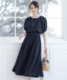 【洗える】麻調ギャザーワンピース