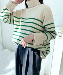 Dalfwin | 2022 AW 秋冬 韓国ファッション ニット レディース　ボーダー柄タートルネックニット　セーター ニットトップス ボーダーニット オーバーサイズ(ニット/セーター)