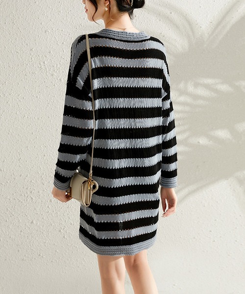 セール】Vネックボーダーニットミニワンピース（ワンピース）｜LOPASS