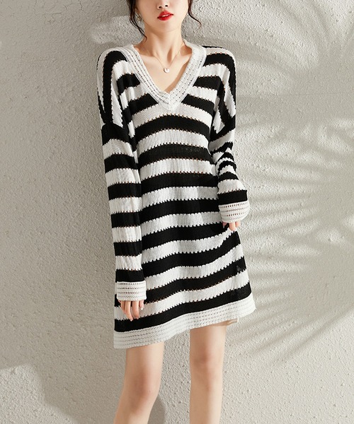 セール】Vネックボーダーニットミニワンピース（ワンピース）｜LOPASS